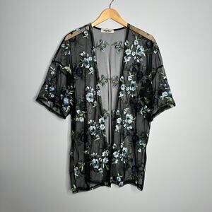 Haptics Women's‎ Black Mesh Blue Flower Embroidered Short Sleeve Kimono L